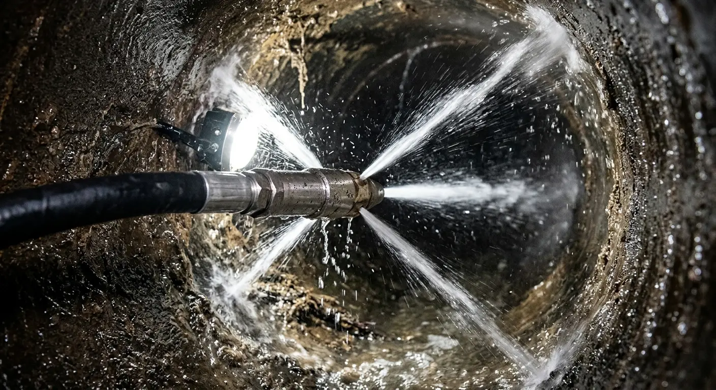 High-pressure hydro jetting nozzle cleaning sewer pipe for Emergency Drain Service in Fitzgerald
