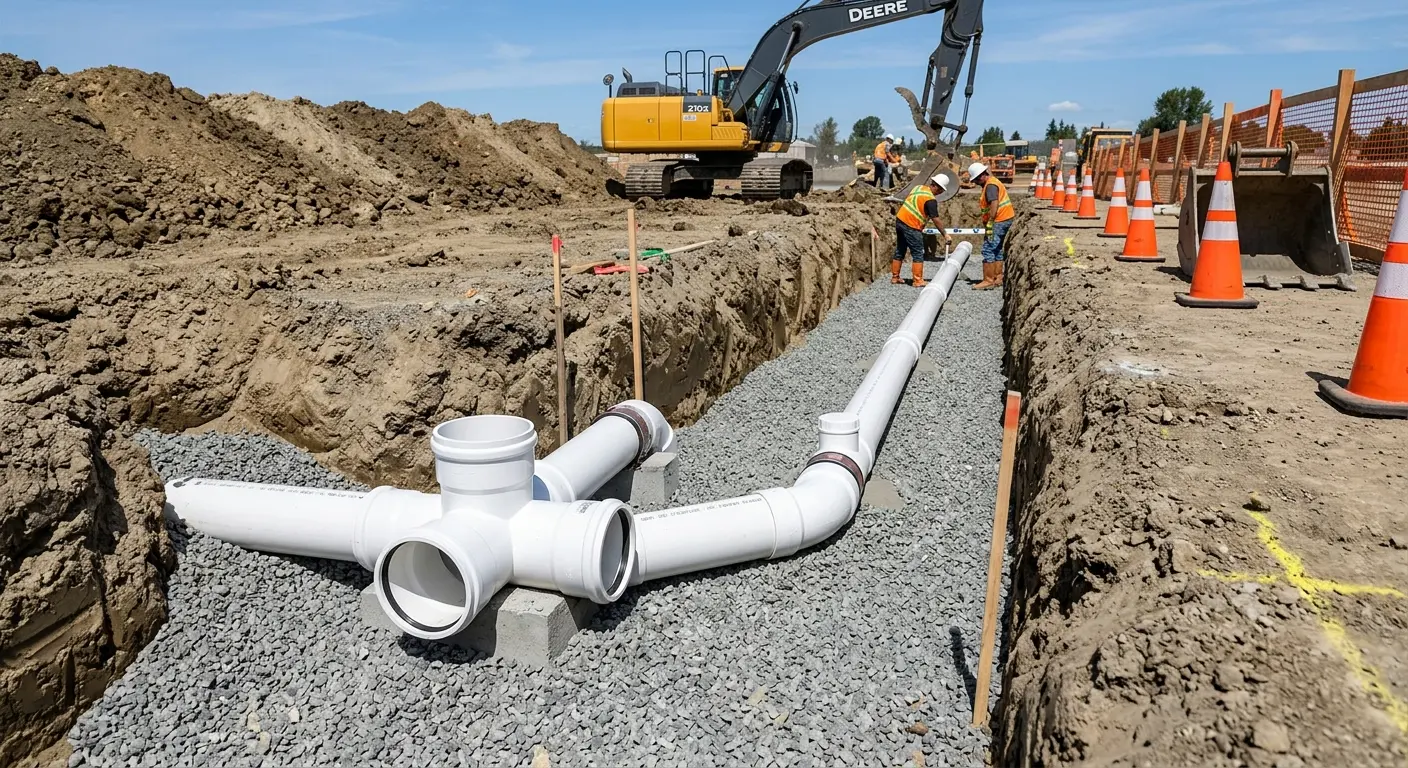 New PVC sewer pipe installation in open trench for Sewer Backup in Fitzgerald