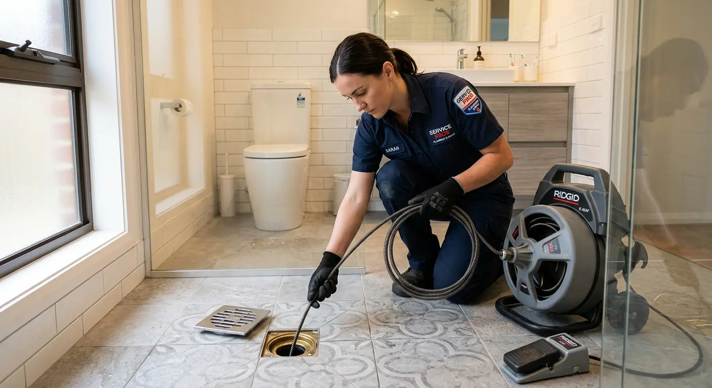 Technician clearing a bathroom floor drain for Drain Cleaning in Fitzgerald